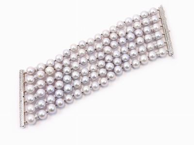 Bracciale a Sei Fili di Perle Coltivate Grigie con Fermezza e Inserti in Oro Bianco e Diamanti