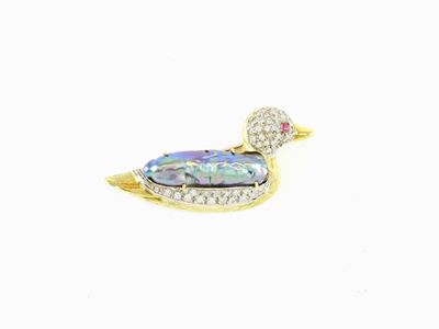 Spilla Animalier in Oro Giallo e Bianco, Diamanti e Perla Coltivata Barocca