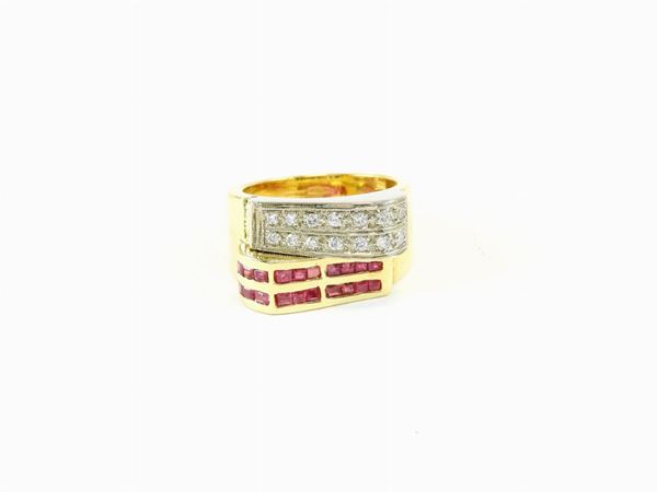Yellow gold ring with diamonds and rubies