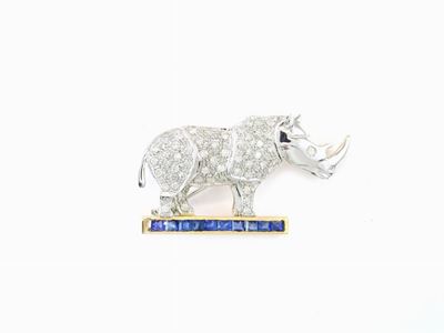 Spilla Animalier in Oro Bianco e Giallo, Diamanti e Zaffiri