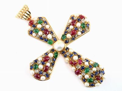 Grande Pendente in Oro Giallo, Diamanti, Perle Coltivate e Pietre Preziose Colorate