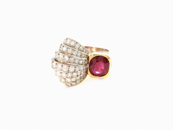 Platinum and yellow gold ring with diamonds and ruby