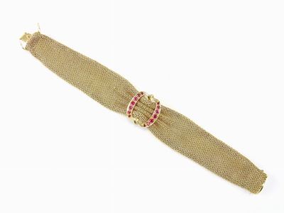 Bracciale in Oro Giallo a Maglia Morbida e Rubini