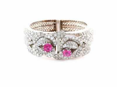 Bracciale Rigido Scomponibile in Oro Bianco con Diamanti e Rubini Naturali