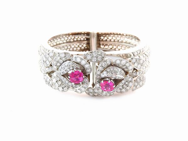 White gold divisible bangle with diamonds and natural rubies
