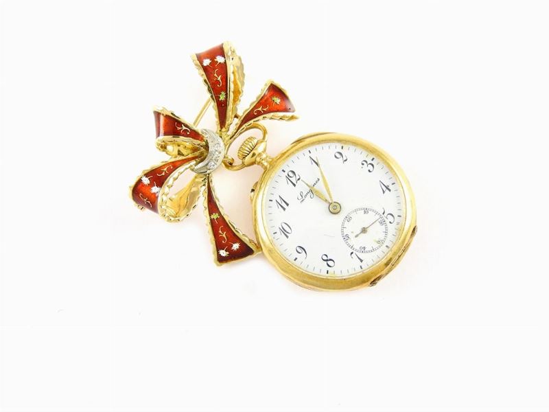 Spilla Pendente in Oro Giallo, Diamanti e Smalti Policromi con Orologio Longines