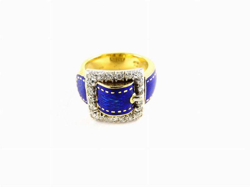 Anello in Oro Giallo e Bianco, Smalto Blu e Diamanti