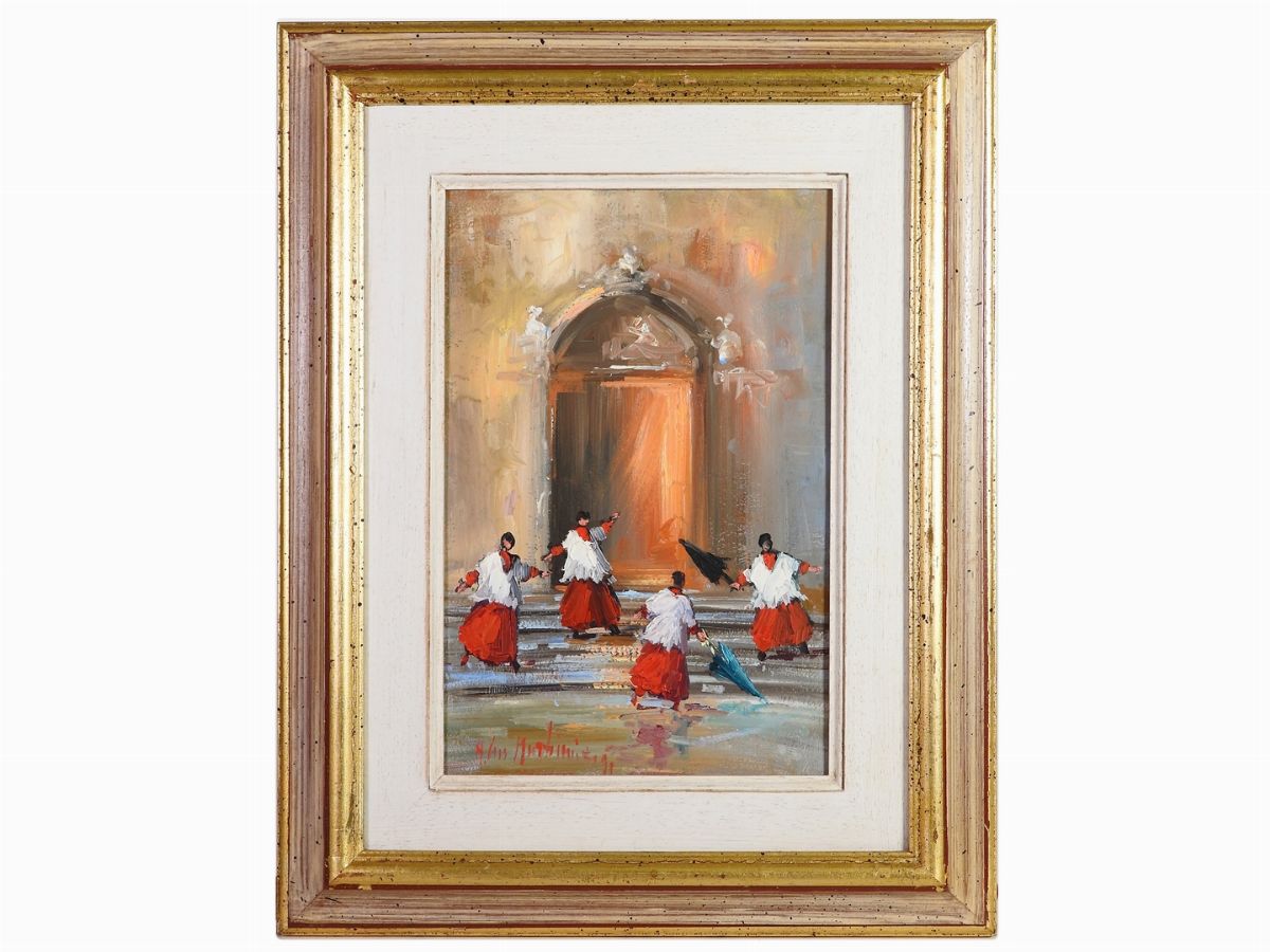 Norberto Martini - Sfida di Ombrelli e Paesaggio Invernale