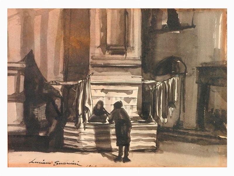 Luciano Guarnieri - Scorcio di Chiesa con Figure 1948