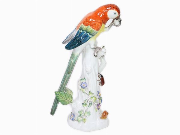 A Meisen Painted Porcelain Figure of a Parrot on a High Tree Stamp