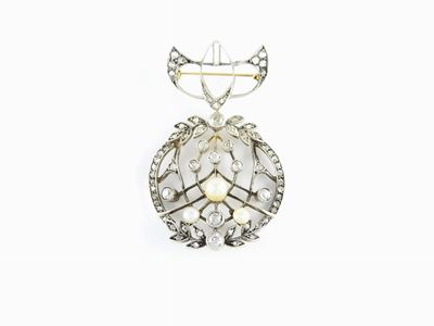 Spilla Liberty in Oro Giallo e Bianco, Diamanti e Perle