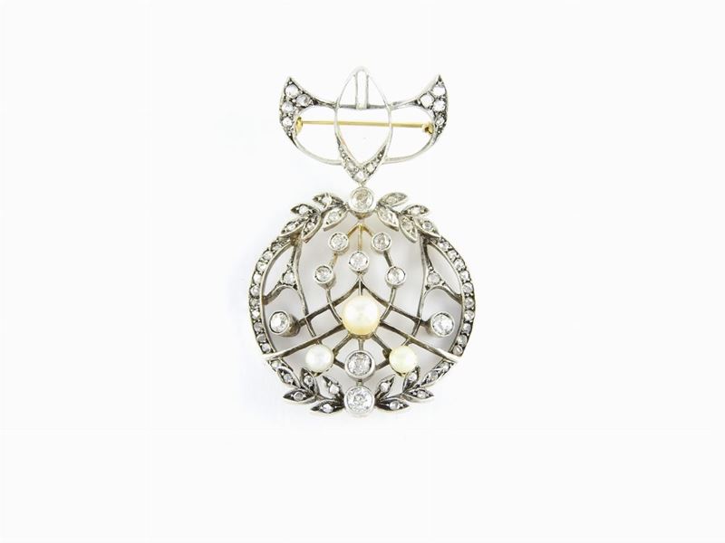 Spilla Liberty in Oro Giallo e Bianco, Diamanti e Perle