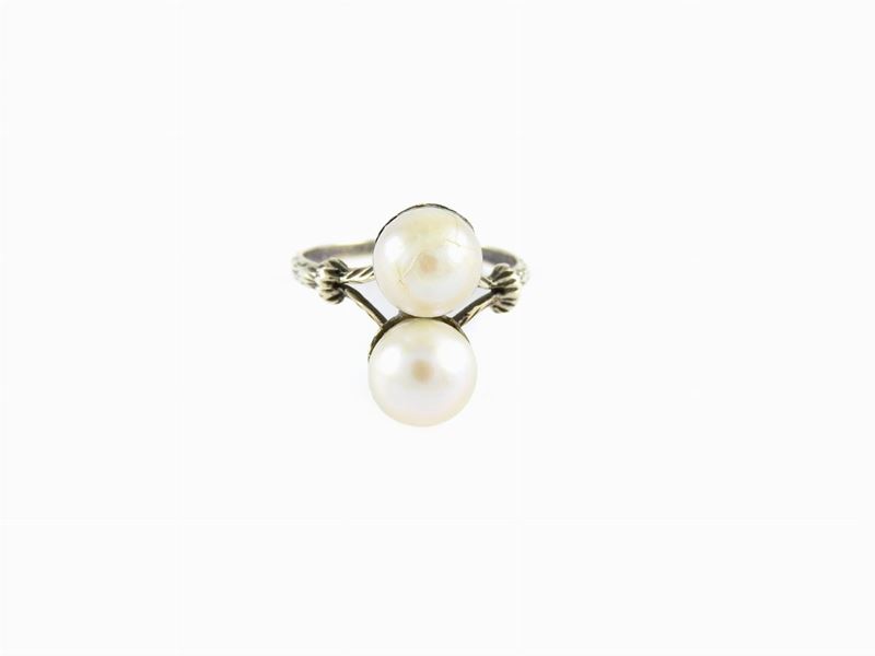 Anello Contrarié in Argento con Perle Probabilmente Naturali