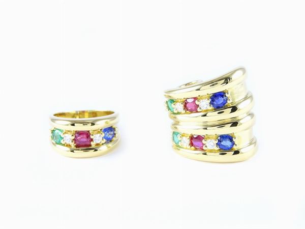 Yellow gold demi parure of band ring and pendant with diamonds, rubies, sapphires and emeralds