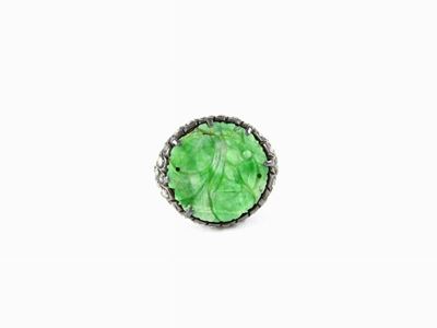 Anello in Lega D'argento, Diamanti e Giada Verde Incisa