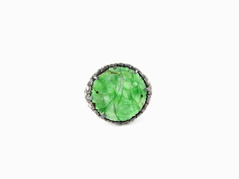 Anello in Lega D'argento, Diamanti e Giada Verde Incisa