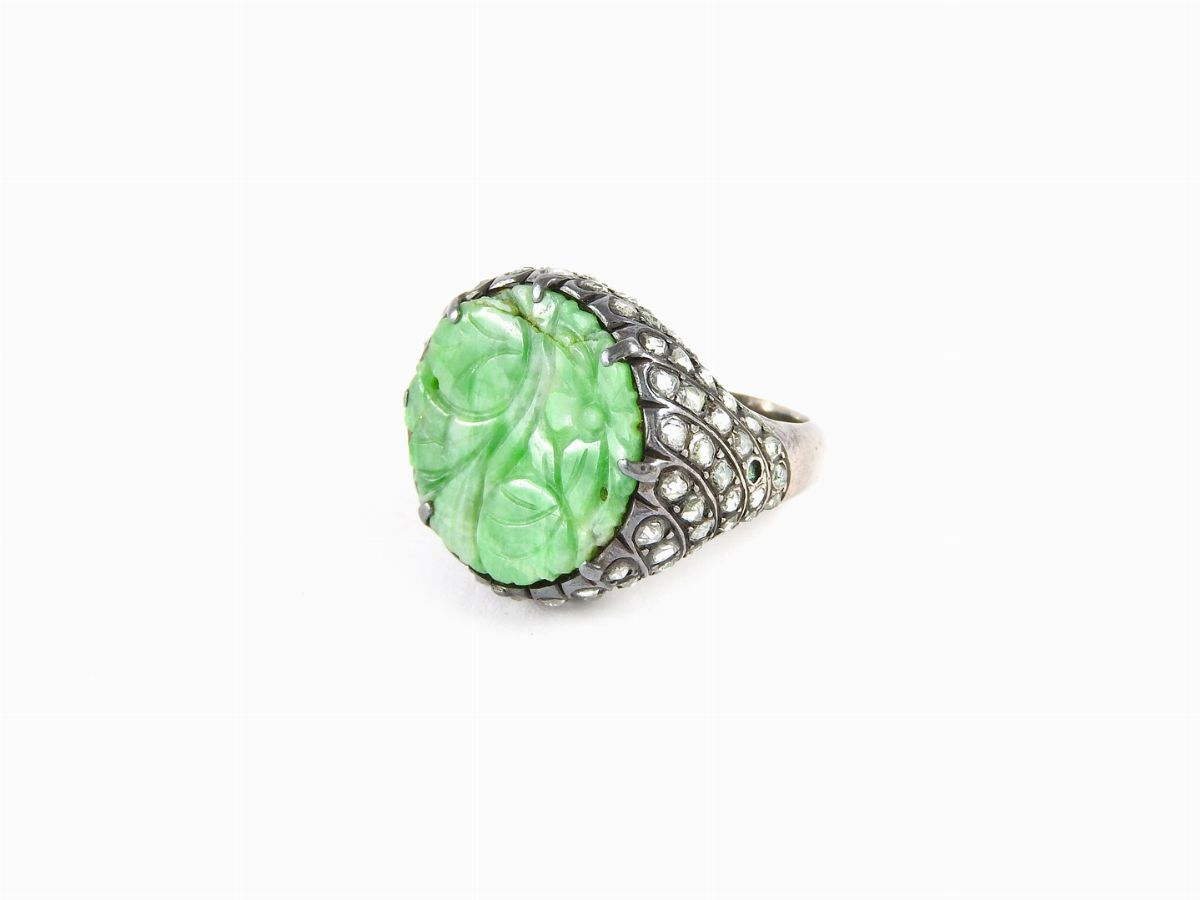 Anello in Lega D'argento, Diamanti e Giada Verde Incisa