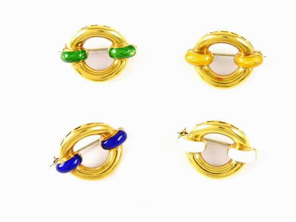 Four yellow gold brooches with multicolour enamels  - Auction Jewels and Watches - First Session - I - Maison Bibelot - Casa d'Aste Firenze - Milano