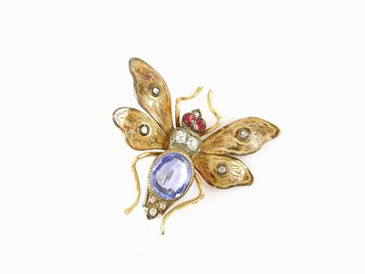 Spilla Animalier in Oro Rosso a Bassa Lega, Diamanti e Zaffiro