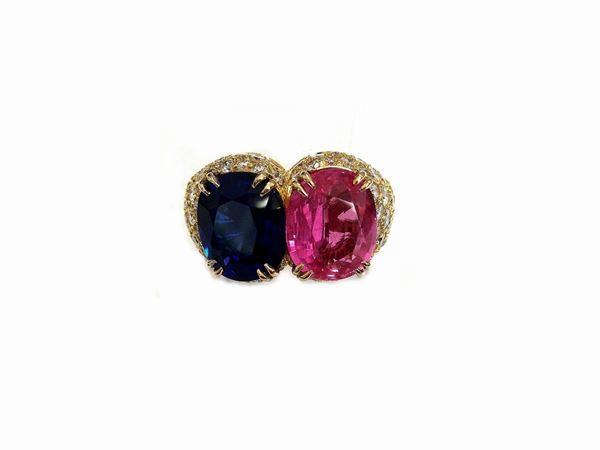Pederzani yellow gold ring with blue and hot pink sapphires and diamonds