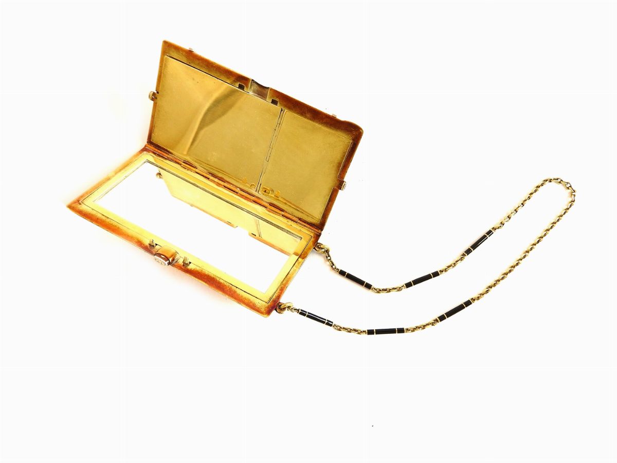 Trousse in Oro Giallo e Bianco 585/1000, Smalto Nero, Diamanti, con Catenina