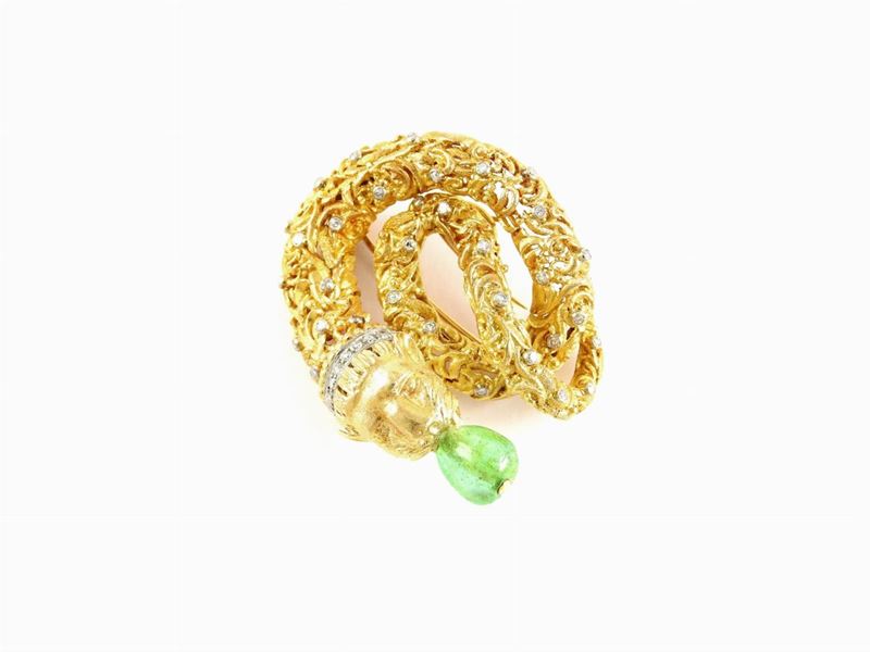 Spilla Animalier in Oro Giallo e Bianco, Diamanti e Smeraldi