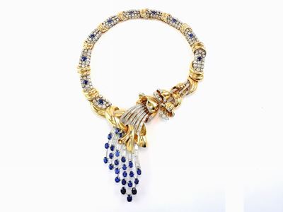 Collana in Oro Giallo, Platino, Diamanti e Zaffiri Naturali