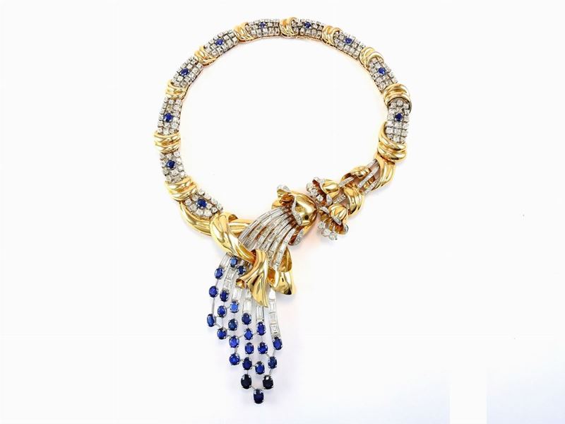 Collana in Oro Giallo, Platino, Diamanti e Zaffiri Naturali