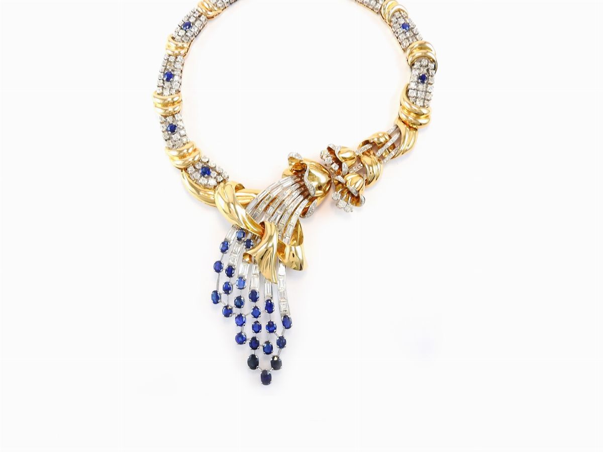 Collana in Oro Giallo, Platino, Diamanti e Zaffiri Naturali