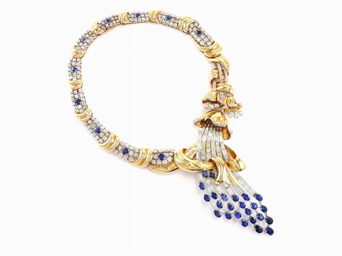 Collana in Oro Giallo, Platino, Diamanti e Zaffiri Naturali