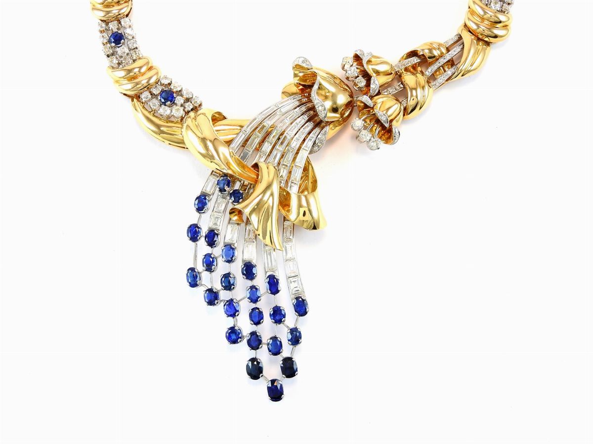 Collana in Oro Giallo, Platino, Diamanti e Zaffiri Naturali
