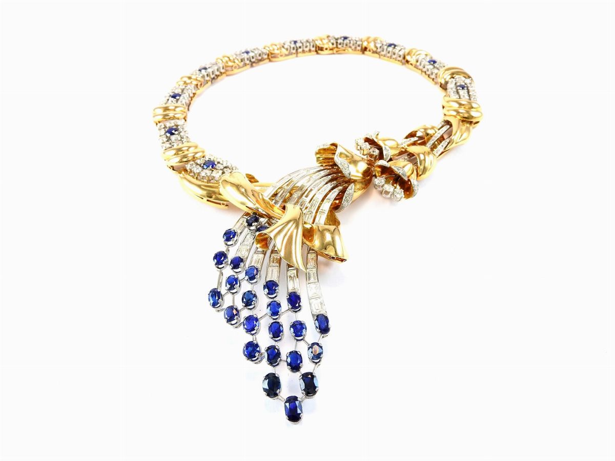 Collana in Oro Giallo, Platino, Diamanti e Zaffiri Naturali