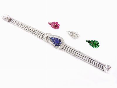 Bracciale in Platino e Diamanti con Piastre in Diamanti, Rubini, Zaffir e Smeraldi