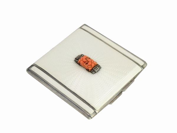 Adie Brothers Ltd. silver compact with enamel and coral