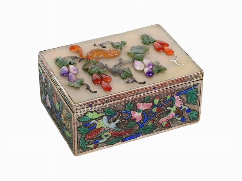 Scatola Portasigarette in Metallo Argentato, Smalti e Pietre Dure