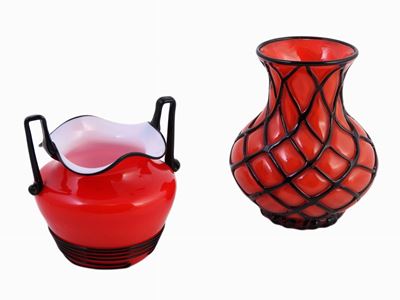 Due Piccoli Vasi in Vetro Soffiato Rosso di Murano