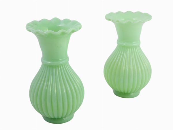 Two Small Light Green Opalin Glass Vases