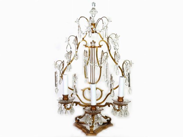 A Gilded Bronze, Glass and Crystal Girandole Candelabrum Converted Into Lamp