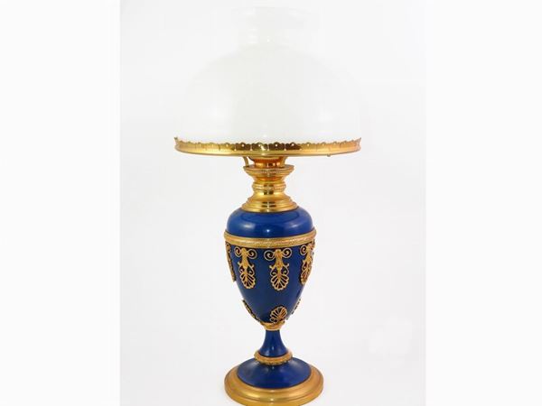 A Blue Lacquered and Gilded Metal Oil Lamp