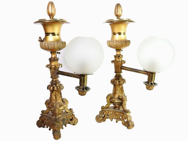 A Pair of Gilded Metal Oil Lamp