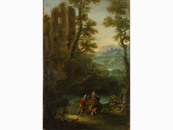 Gennaro Greco attribuito - River Landscape with Ruins and Figures