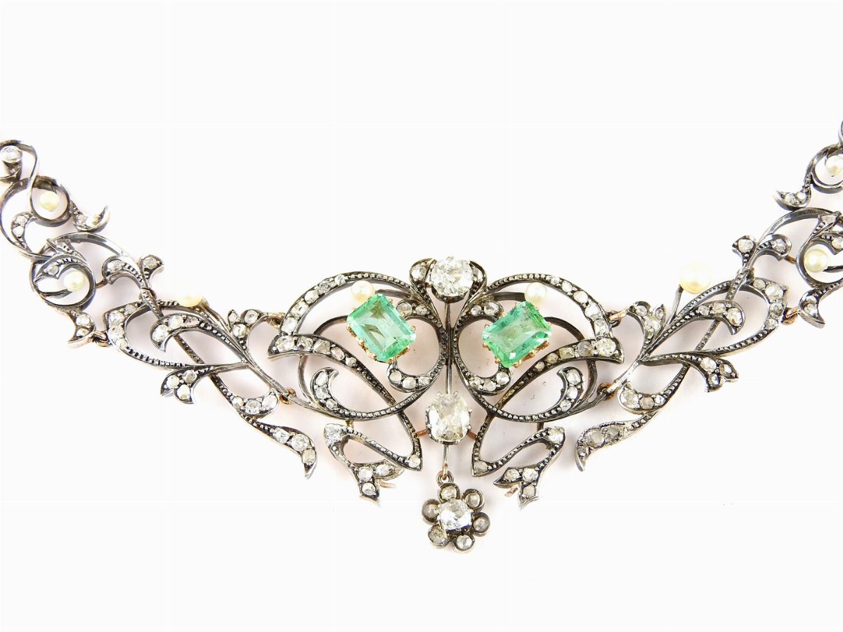 Girocollo in Oro Giallo e Argento, Diamanti, Smeraldi e Perle