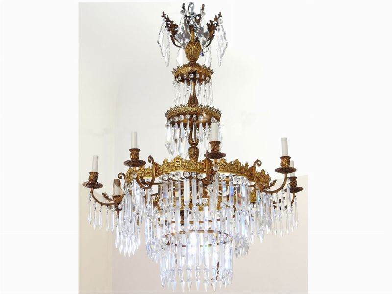Lampadario in Metallo Dorato e Cristallo