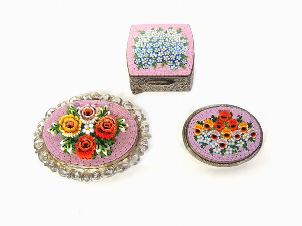 Silver and glass micro mosaic brooches and little box