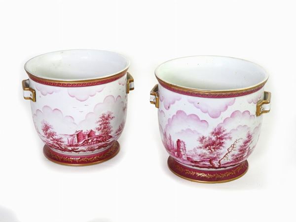 A Pair of Painted Porcelain Cachepots