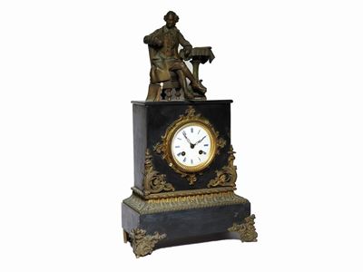 Orologio da Camino in Metallo Patinato e Marmo Nero
