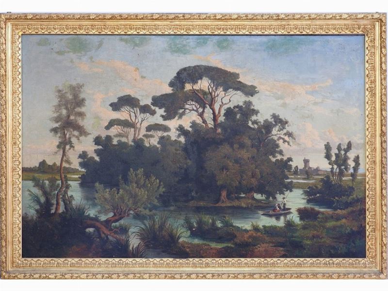 Scuola Inglese del XIX Secolo - Paesaggio Fluviale con Personaggi