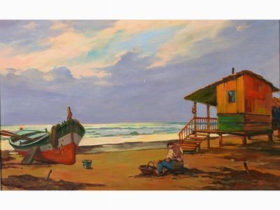 Paesaggio Marino con Barca e Pescatore