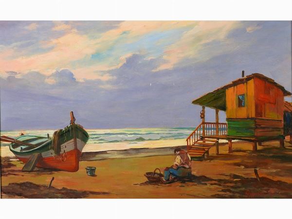 Aldo Affortunati - Paesaggio marino con barca e pescatore