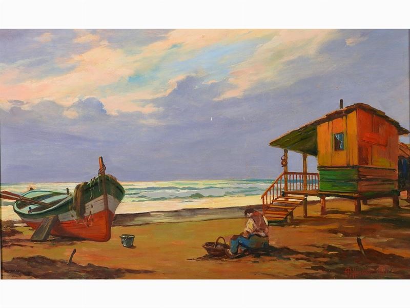Aldo Affortunati - Paesaggio Marino con Barca e Pescatore